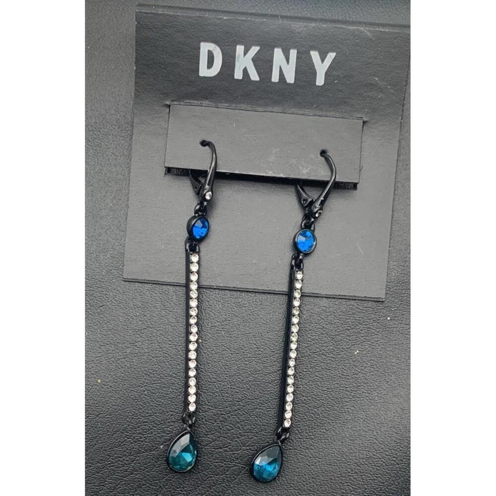 NWT DKNY Clear Rhinestone Drop Blue Rhinestone Pierced Earrings Chic Whimsygoth